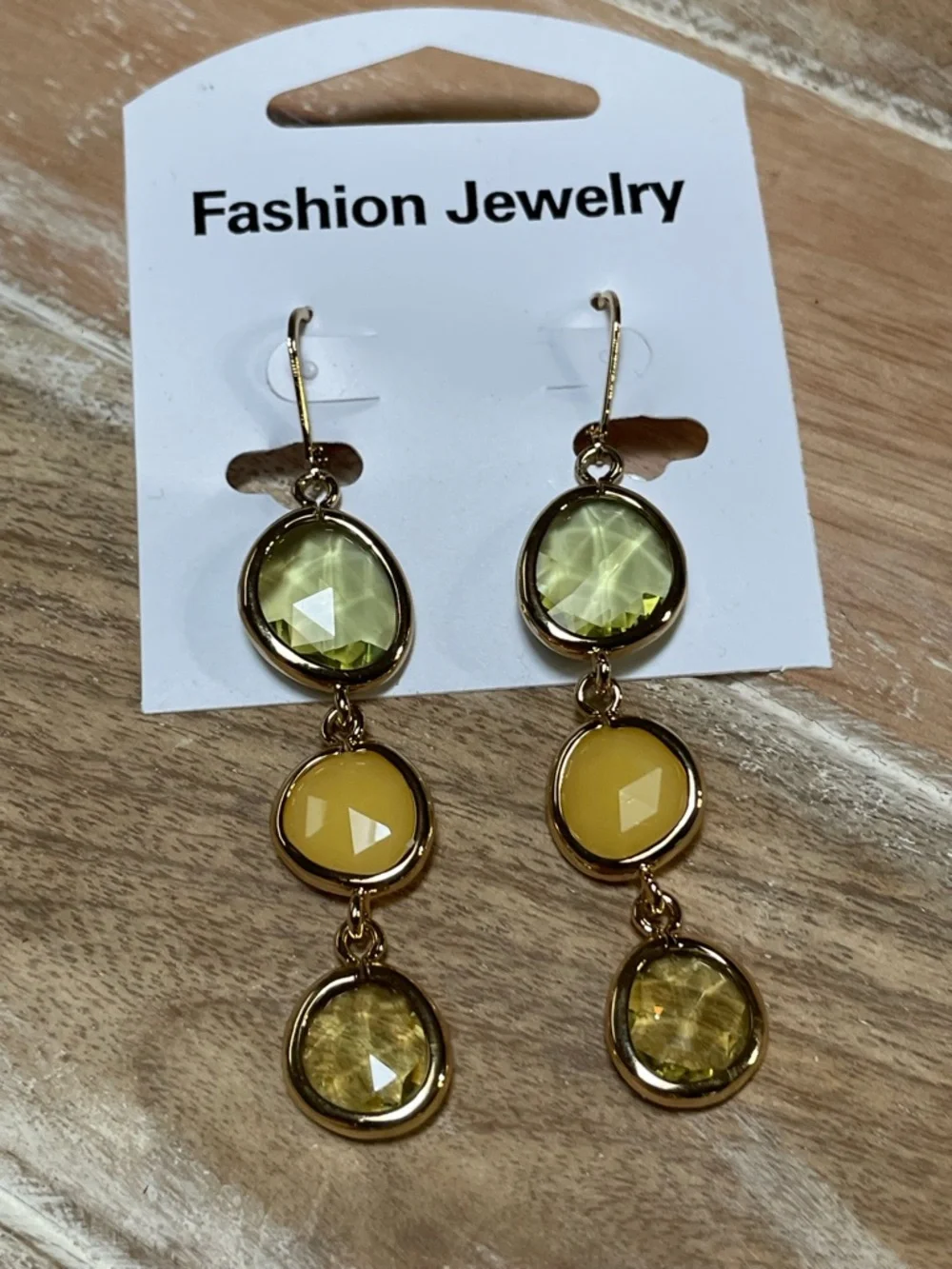 Gold-Tone Yellow and Pale Green Triple Crystal Drop Earrings - Women Jewelry